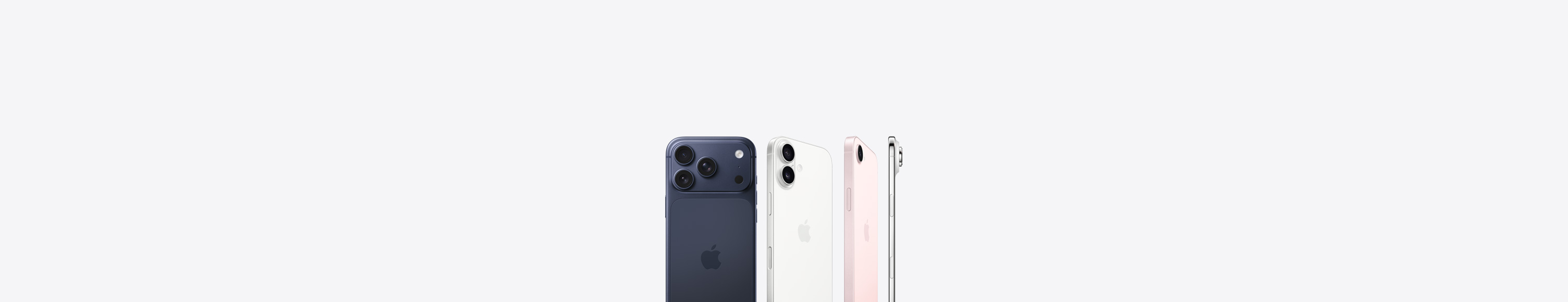 iPhone 17 Pro blu profondo mostrato da dietro, sistema di fotocamere Pro Fusion nell’angolo in alto a sinistra, logo Apple al centro; iPhone 17 bianco mostrato da dietro, sistema a doppia fotocamera Fusion nell’angolo in alto a sinistra, logo Apple al centro; iPhone 17e rosa chiaro mostrato da dietro, sistema con fotocamera Fusion nell’angolo in alto a sinistra, logo Apple al centro; iPhone Air mostrato di lato, profilo in titanio, sistema con fotocamera Fusion nell’angolo in alto a sinistra