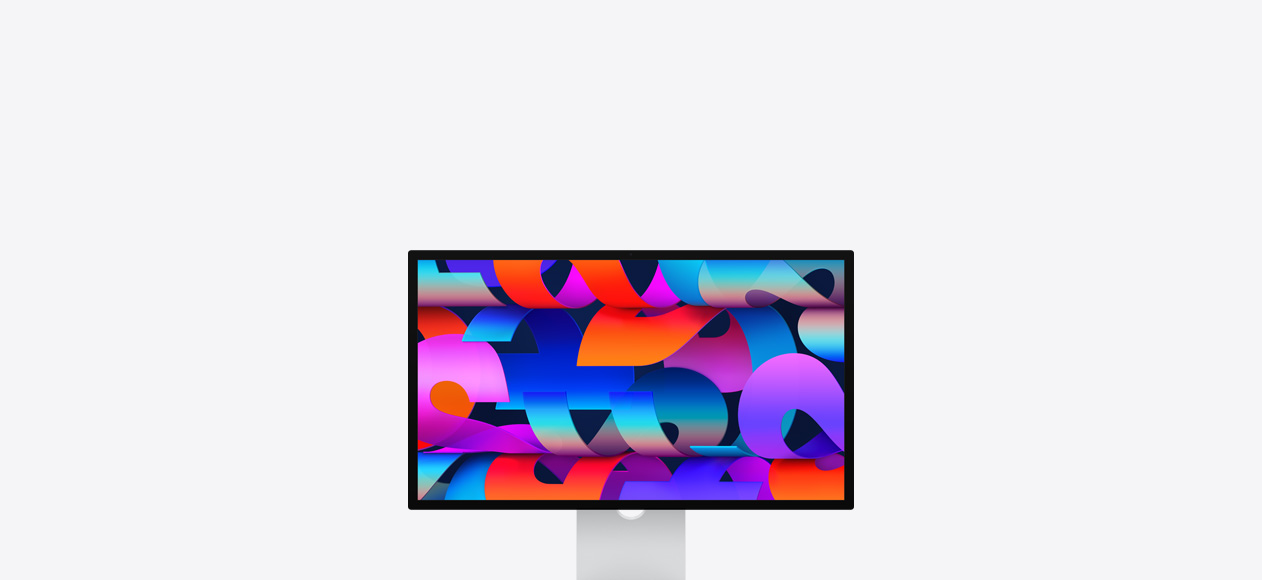 Studio Display mit einem farbigen, bandartigen Hintergrundbild