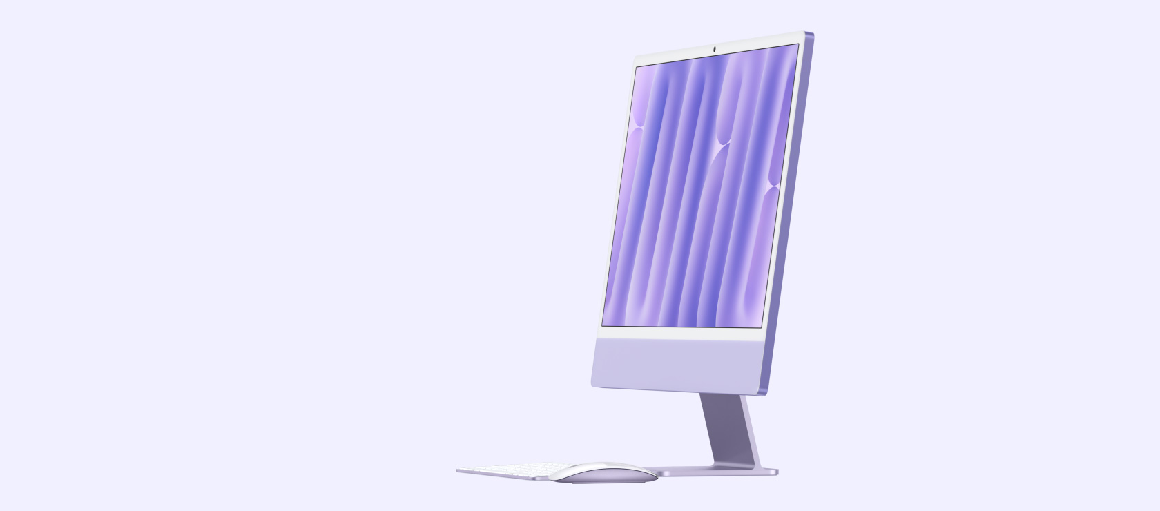 紫色 iMac，配備鍵盤和滑鼠