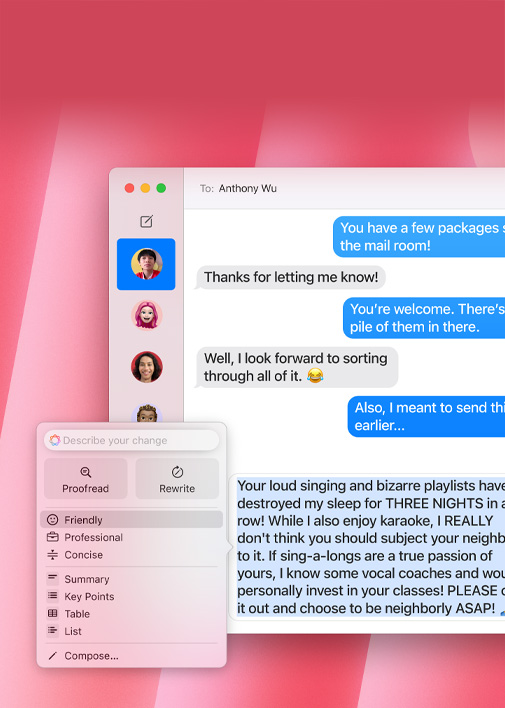 書寫工具功能示範。在訊息 app，用户利用 Friendly Tone 選項將訊息改寫成更親切的版本。