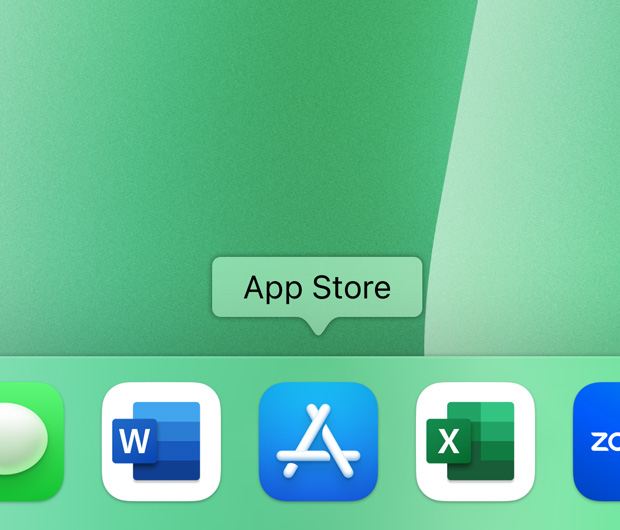iMac dock 展示 app 圖像：聯絡人、Microsoft Word、App Store、Microsoft Excel 和 Zoom
