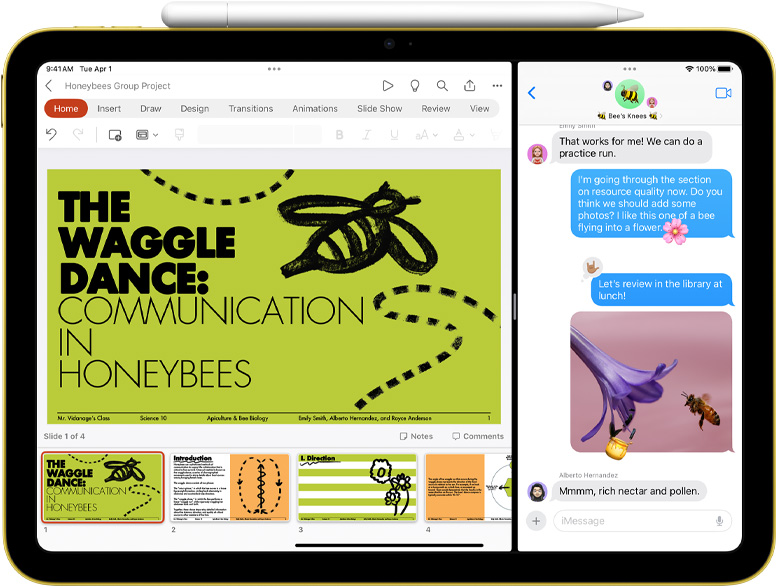 PowerPoint a Správy na iPade v zobrazení Split View s magneticky pripnutou ceruzkou Apple Pencil.