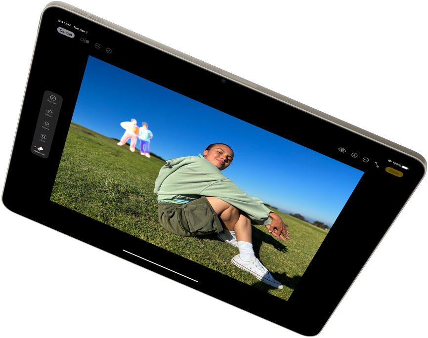 Landscape view of iPad Air showcasing Apple Intelligence with the Clean up tool in Photos app