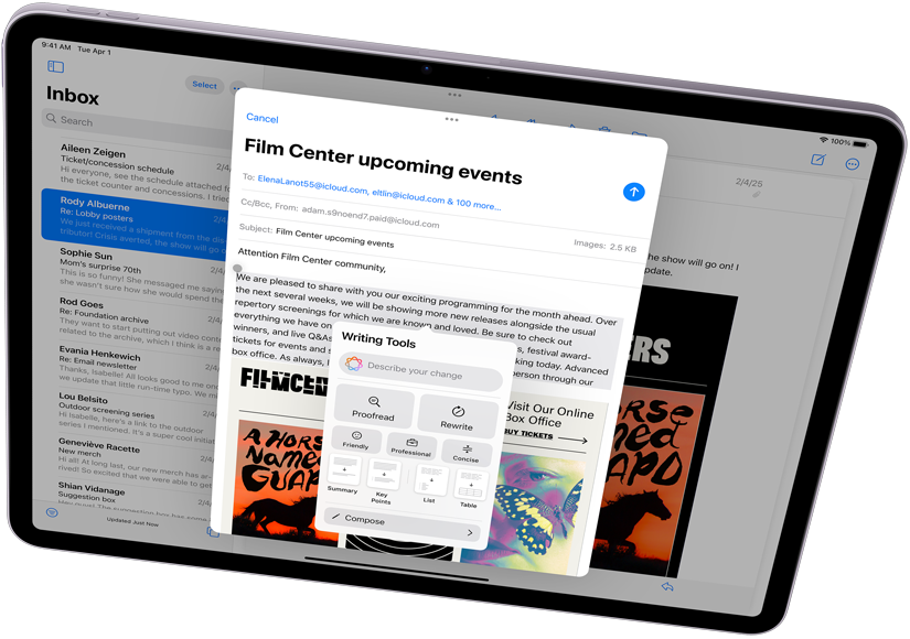 Landscape view of iPad Air showcasing Apple Intelligence, with Writing Tools and Mail