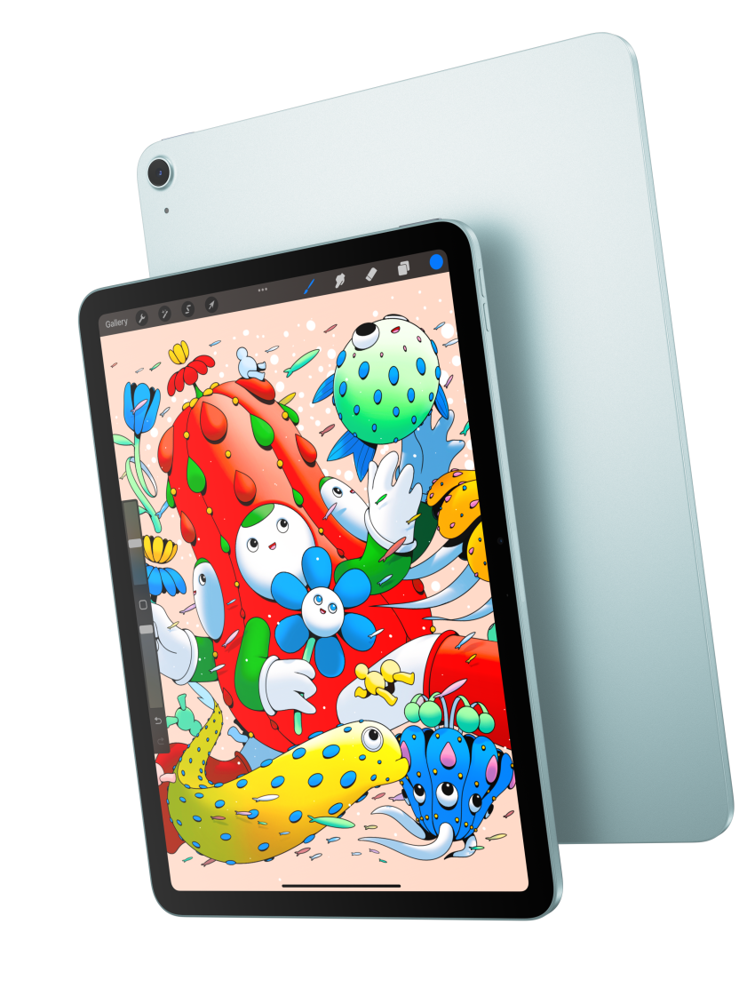 Front exterior, iPad Air showcasing the 11 inch model displaying Procreate and overlapping the back exterior of a blue iPad Air
