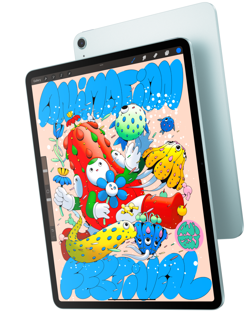 Front exterior, iPad Air showcasing the 13 inch model displaying Procreate, and overlapping the back exterior of a blue iPad Air