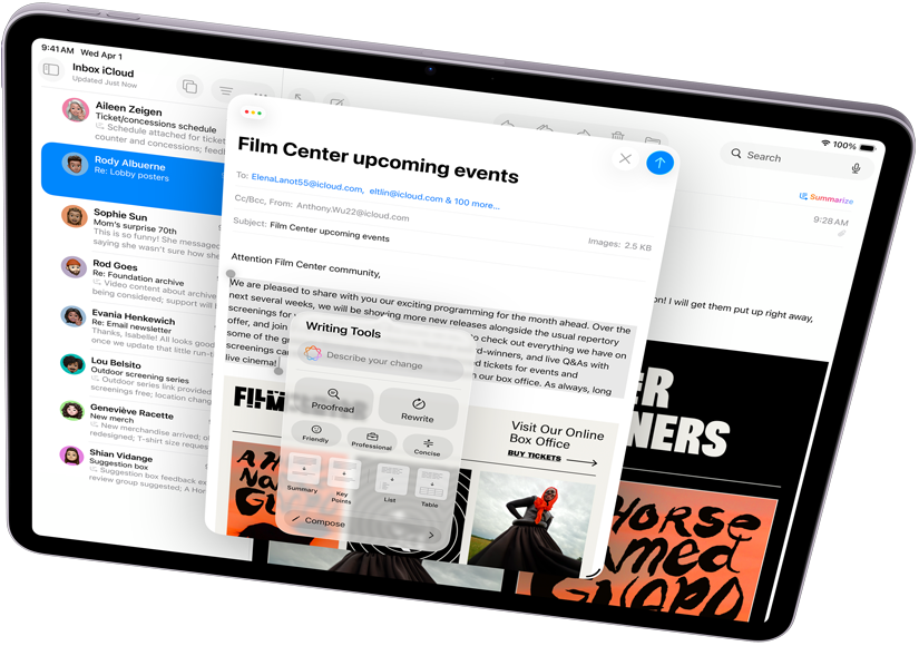 Vista horizontal do iPad Air a mostrar a Apple Intelligence com as ferramentas de escrita e Mail
