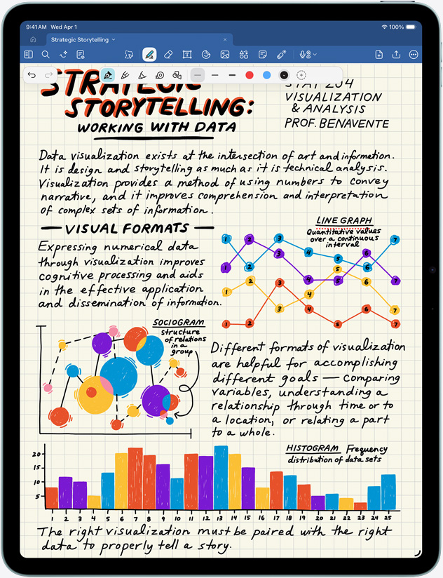 iPad Air, colocado na vertical, a mostrar notas e imagens no ecrã
