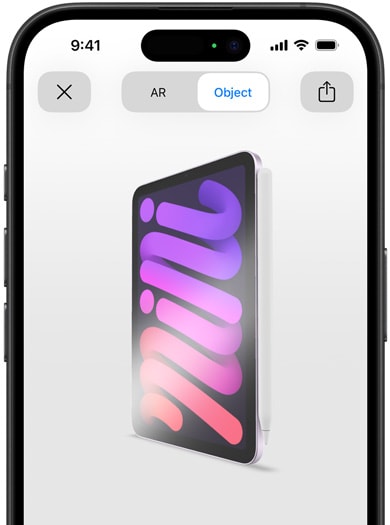 iPhone a mostrar o iPad mini com Apple Pencil Pro em realidade aumentada.