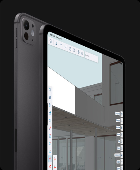 iPad Pro, Rückansicht, Hochformat, Farbe Space Schwarz, Pro Kamera-System, Lautstärketasten, iPad Pro, Vorderansicht, Hochformat, Farbe Space Schwarz, schwarzer Displayrand, gerundete Ecken, Display mit einer App zum Bearbeiten von Grafiken mit Tools und Effekten, die in den Menüs links und rechts geöffnet sind