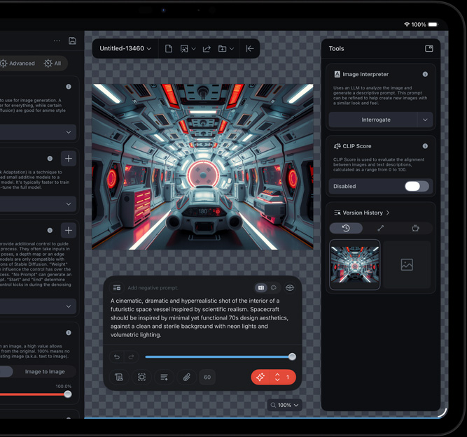 iPad Pro, Vorderansicht, das Display zeigt einen Clip eines futuristischen Raumschiffs, der mit verschiedenen Bearbeitungswerkzeugen und geöffneten KI Funktionen bearbeitet wird, darunter Image Interpreter und CLIP Score
