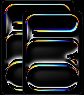 13" iPad Pro, 11" iPad Pro, Hochformat, Vorderseite, Farbe Space Schwarz, gerundete Ecken, schwarzer Displayrand, die Displays zeigen das mehrfarbige, geschwungene abstrakte Wort «PRO» im Hochformat