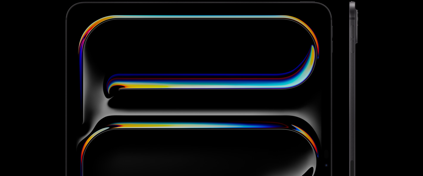 iPad Pro, Vorderseite, Hochformat, Farbe Space Schwarz, gerundete Ecken, schwarzer Displayrand, Display mit mehrfarbiger, geschwungener Linienzeichnung, rechts ein iPad Pro, Seitenansicht, Hochformat, dünnes Design mit Lautstärketasten, erhöhtem Pro Kamera-System