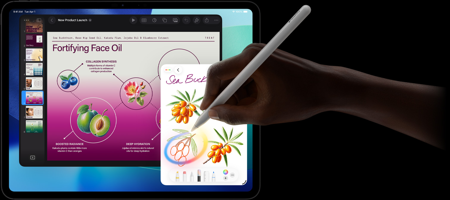 iPad Pro, Vorderseite, das Display zeigt einen dunkelblauen und grünen Hintergrund mit Farbverlauf und mehrere geöffnete Apps, eine Hand hält den Apple Pencil Pro und kreist eine Skizze ein, um das Apple Intelligence Feature «Bildkreation» zu demonstrieren