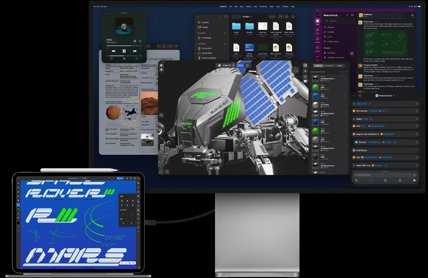 iPad Pro befestigt am Magic Keyboard, Vorderansicht, alle verbunden mit einem externen Mac Studio Display, iPad Pro Display mit Grafikdesign App, leuchtende Farben und Text, Studio Display zeigt verschiedene Apps und ein 3D Modell