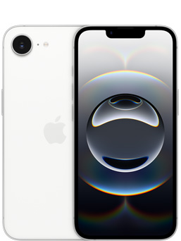 Vorderansicht eines iPhone 16e in Weiss und Teilansicht der Rückseite eines iPhone 16e, die die Kamera zeigt.