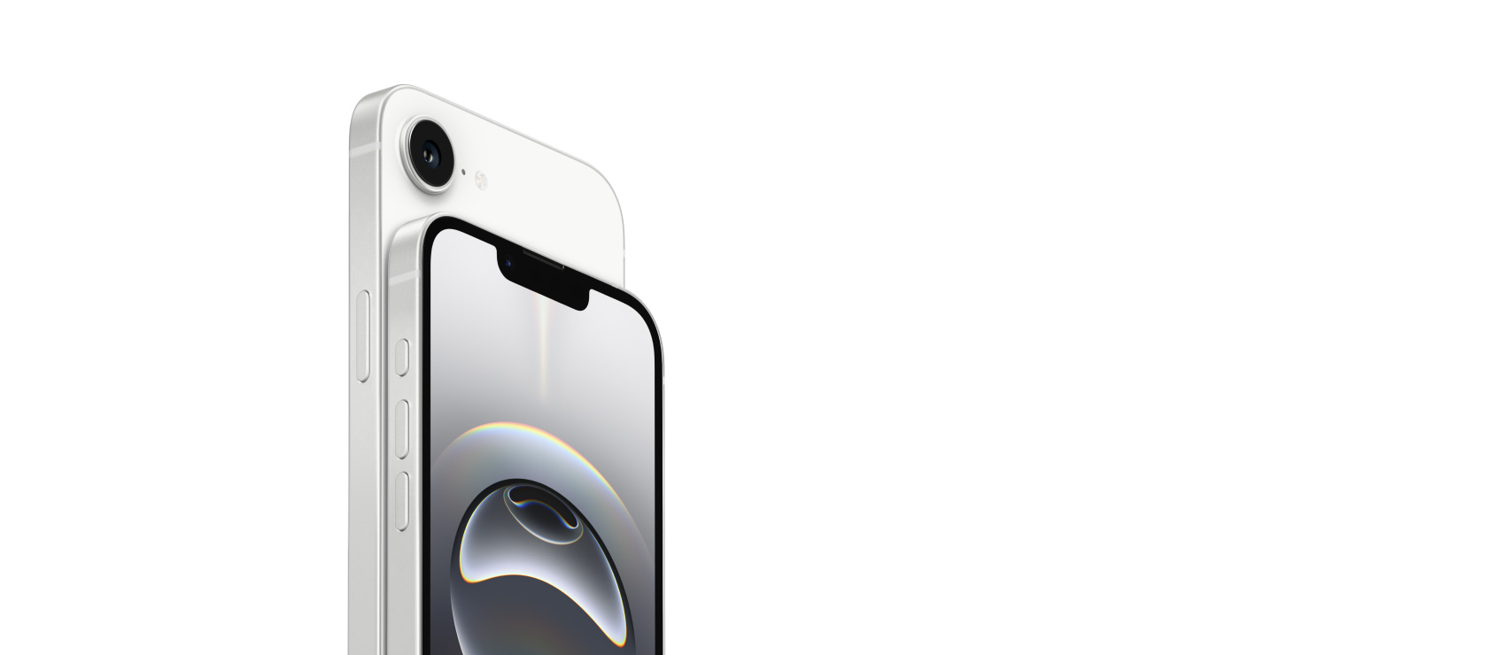 Teilansicht der Vorderseite eines iPhone 16e, die das Retina Display zeigt, und der Rückseite eines iPhone 16e, die die Kamera zeigt.