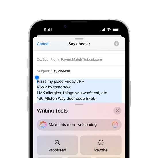 Teilansicht eines iPhone 16e Displays, das Funktionen für Apple Intelligence Schreibwerkzeuge zeigt.