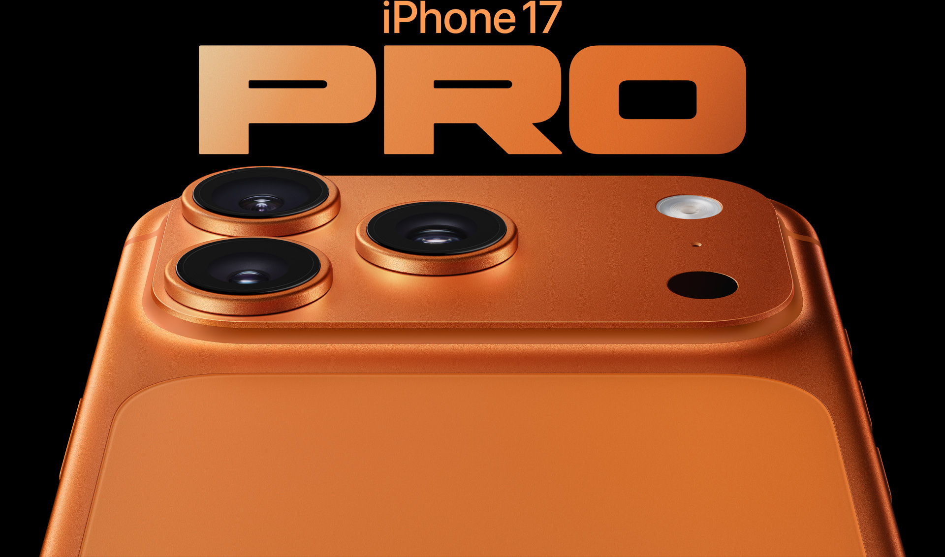 iPhone 17 Pro, kosmiline oranž viimistlus, osaline tagakülg, vasakul ülaosas pro kaamerasüsteem, 3 objektiivi, mikrofon, välk