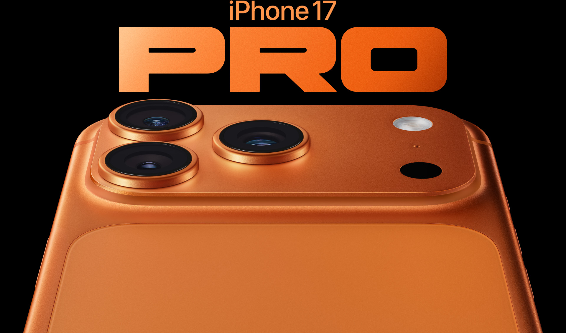 iPhone 17 Pro, kosmiline oranž viimistlus, osaline tagakülg, vasakul ülaosas pro kaamerasüsteem, 3 objektiivi, mikrofon, välk