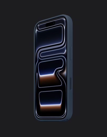 iPhone 17 Pro vist forfra i farven dybblå med silikone-etui i marineblå