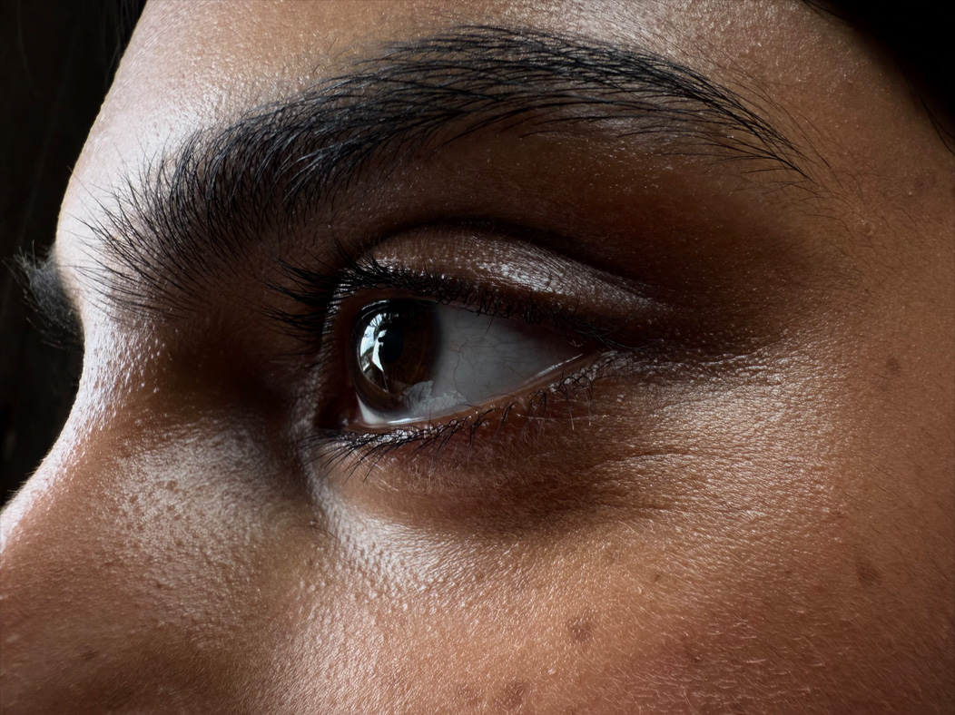 En kvinde bliver fotograferet i et tomt rum. Der er zoomet ind på siden af kvindens ansigt med fokus på øjnene, Foto-appen skifter mellem brændvidderne for at demonstrere funktionerne i Pro-kamerasystemet og viser: Makro