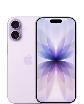 iPhone 17, fra baksiden, i fargen lavendel, Dual Fusion-kamerasystem øverst til venstre, Apple-logo i midten, fra forsiden, i fargen lavendel, Dynamic Island i midten øverst