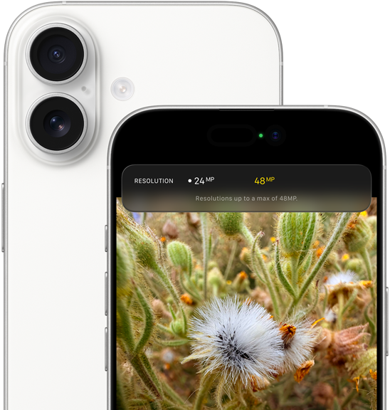 En iPhone 17 i fargen hvit vises bakfra, med avrundede hjørner og et Dual Fusion-kamerasystem øverst til venstre, og forfra, med avrundede hjørner og Dynamic Island.