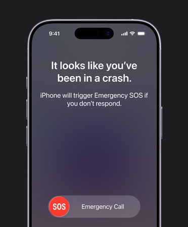 iPhone 17, fra forsiden, avrundede hjørner, Kollisjonsregistrering-funksjonen i bruk