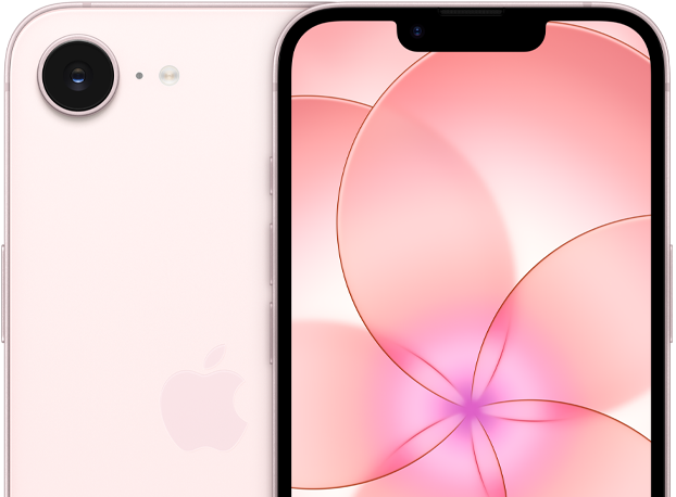 iPhone 17e, front exterior, soft pink color, partial view of back exterior of iPhone 17e showing the camera