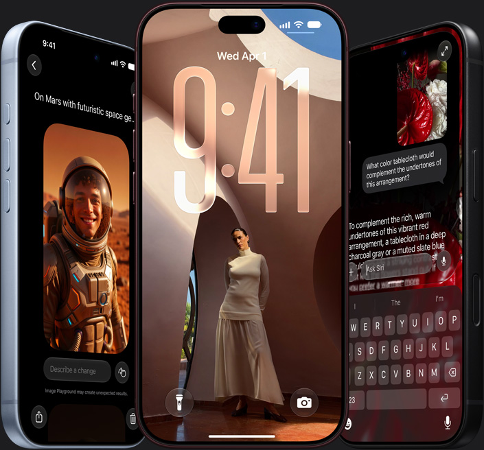 Siri AI - iPhone 18 Pro on the left, angled, Glacier color showing Siri image generation; iPhone 18 Pro Burgundy in the center, displaying a lock screen; iPhone 18 Pro on the right, black, angled, showing an Ask Siri query about complementary tablecloth covers