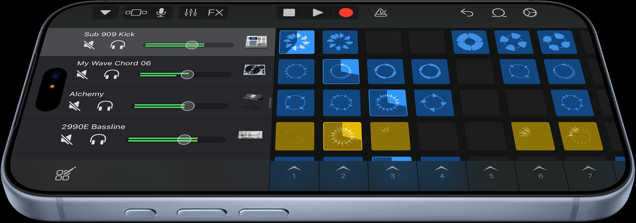 iPhone 18 Pro in glacier showcases the user interface of the Logic Pro music production app