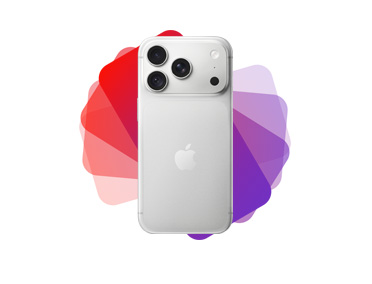 iPhone 17 Pro, Silver color, back exterior, 48MP Pro Fusion camera system, Apple logo in center, phone model overlaid on Apple Upgrade rosette in purple and red