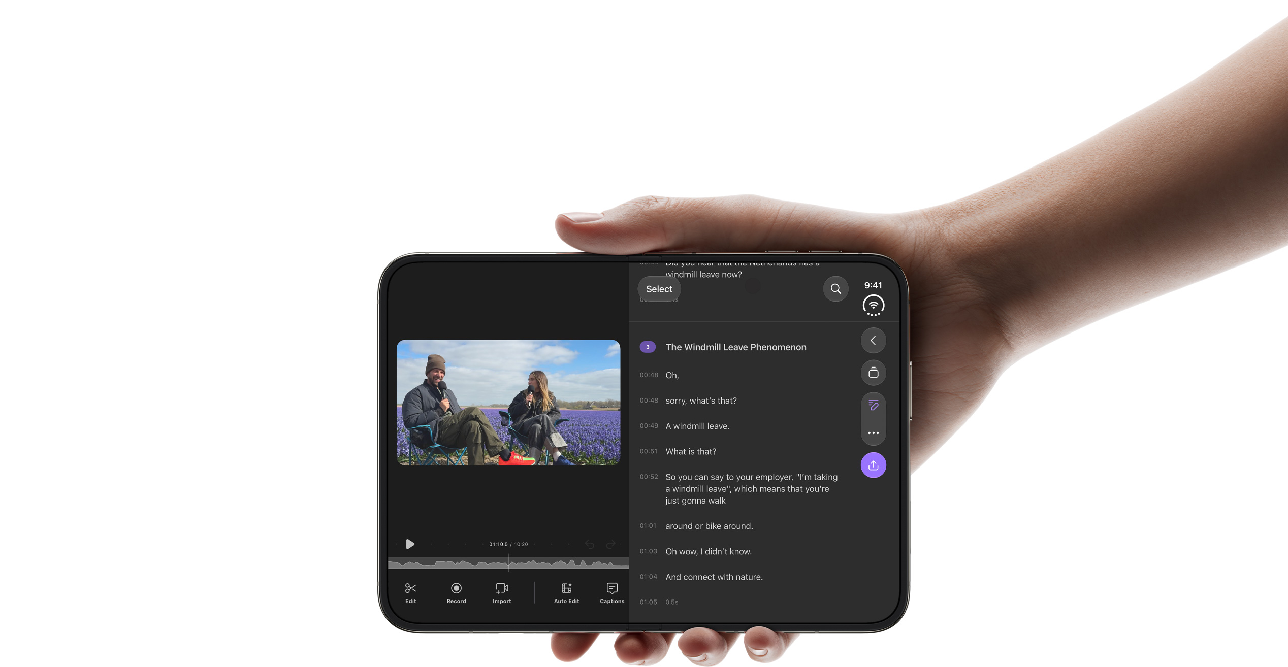 iPhone Duo, opened in horizontal position, Detail, an AI editing app, shown on inner display