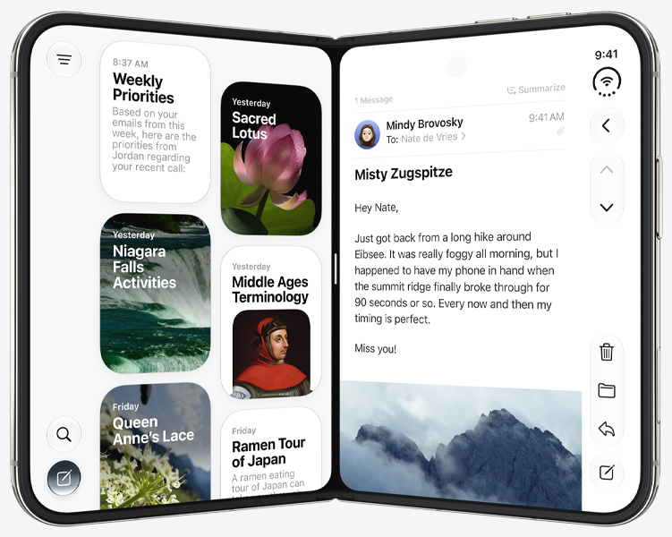 iPhone Duo stands upright in open book position, left panel shows Siri app, right panel shows the Messages app.