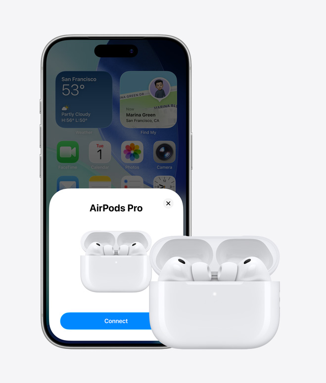iPhone&nbsp;17&nbsp;Pro, exterior frontal, ecranul principal în fundal, fereastră pop-up de conectare a căștilor AirPods pe ecran, căști AirPods într-o carcasă deschisă lângă iPhone