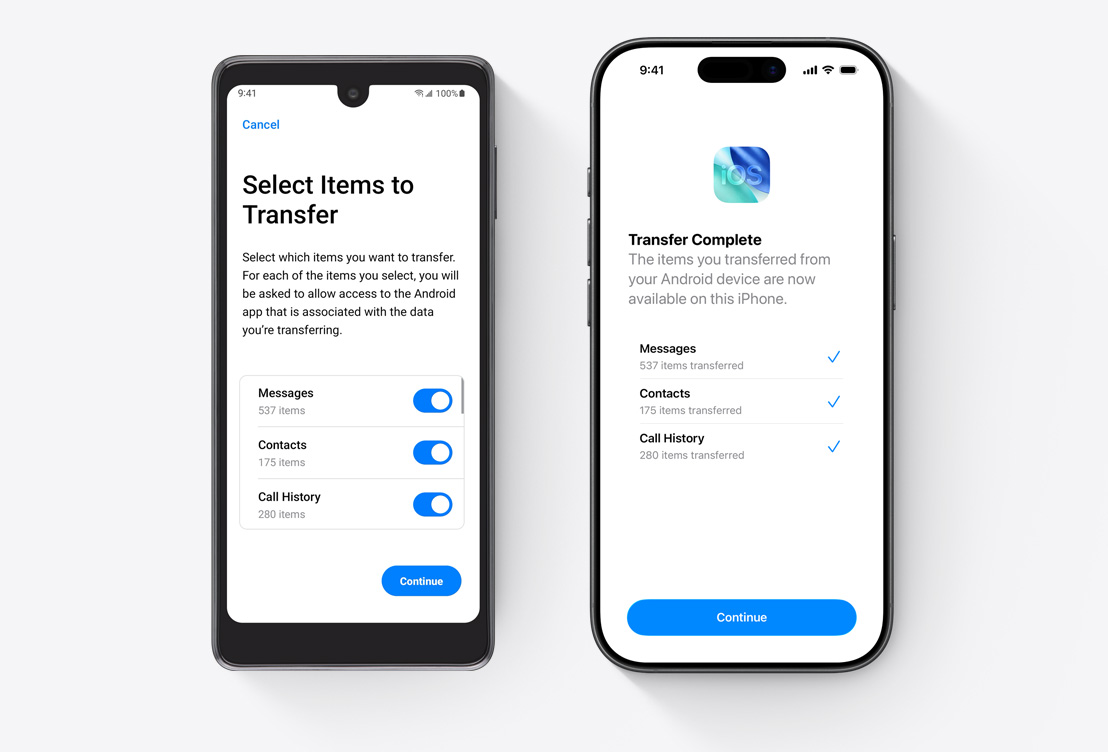 Unul lângă celălalt, ecranul unui telefon cu Android care afișează aplicația Migrare pe iOS și ecranul unui iPhone care afișează aplicația Migrare pe iOS