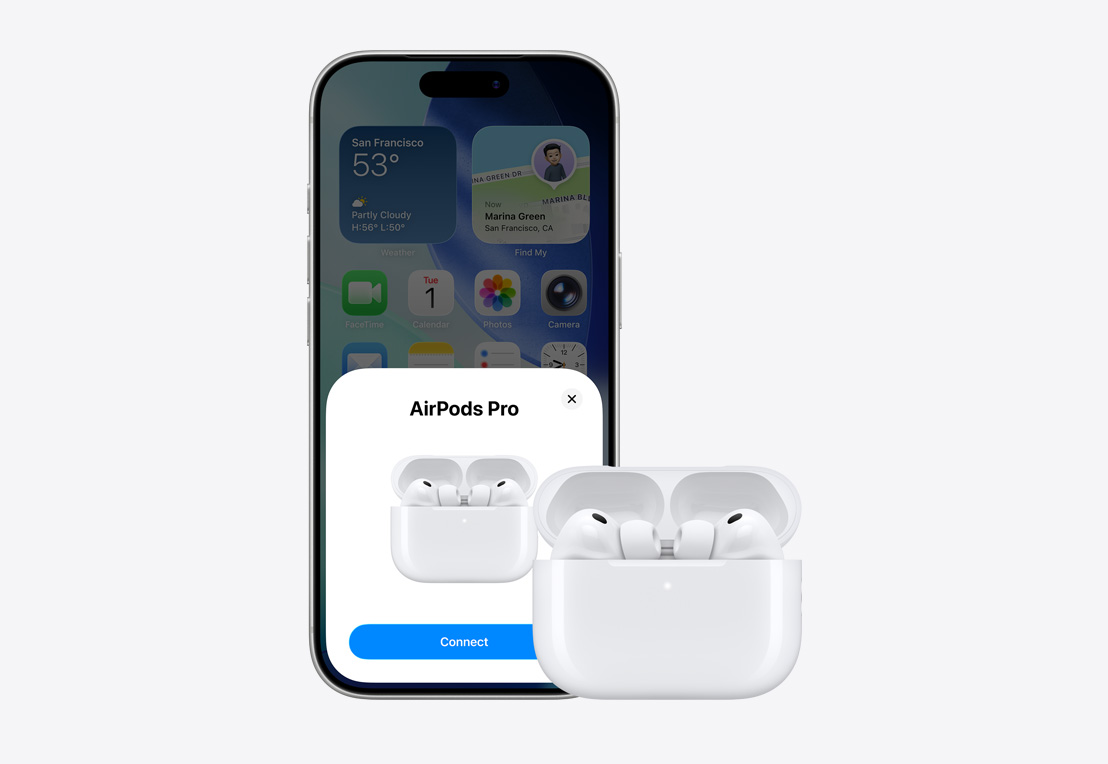 Exterior față iPhone, pe ecran o fereastră pop-up de conectare AirPod, AirPods în carcasa deschisă de lângă iPhone
