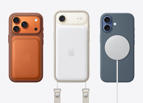 Alăturate, modelele noi iPhone arătând accesorii precum portofel cu țesătură FineWoven cu MagSafe atașat, baterie MagSafe și curea CrossBody