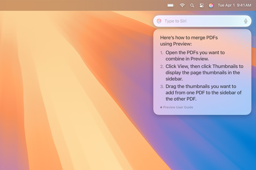 Notificação em pop-up da Siri com informações sobre como combinar vários PDFs que a pessoa estava procurando.
