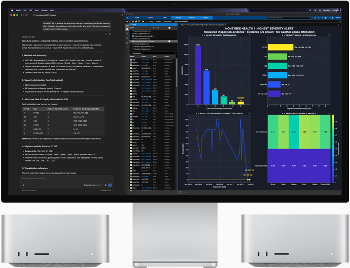 Studio Display XDR, màn hình hiển thị dữ liệu về sức khỏe của ong mật trong các ứng dụng LM Studio Bionic và MATLAB, Mac Studio, mặt trước
