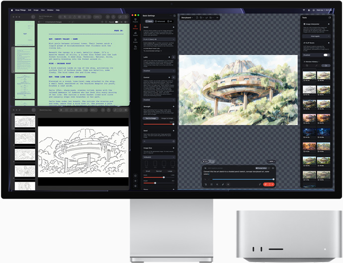 Studio Display XDR, màn hình hiển thị các bản vẽ kiến trúc trong Draw Things, Pages và Keynote, Mac Studio, mặt trước