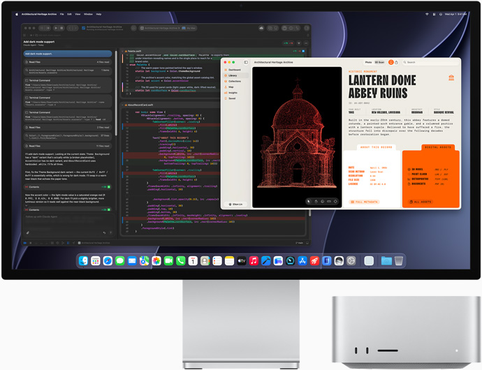 Studio Display XDR, màn hình hiển thị tài liệu đang được xử lý trong Claude Agent trong XCode, Mac Studio, mặt trước