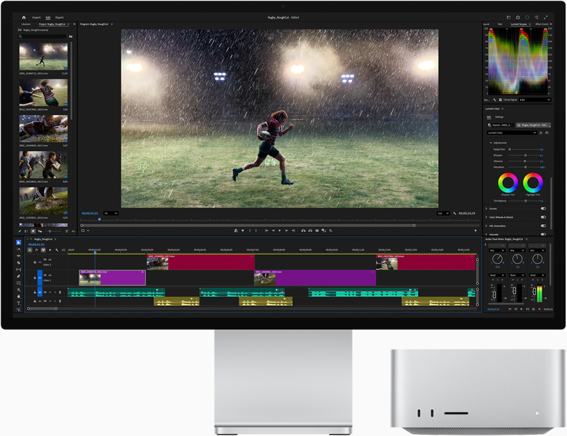 Studio Display XDR, màn hình hiển thị Adobe Premiere và hình ảnh một vận động viên đang chạy trong mưa trên sân thể thao, Mac Studio, mặt trước