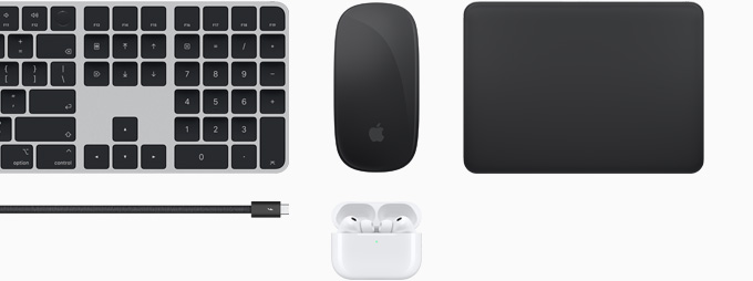 Bộ sưu tập các phụ kiện bao gồm Magic Keyboard, Magic Mouse, Magic Track Pad, cáp Thunderbolt 4 Pro, và AirPods Pro