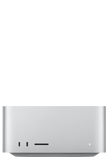 Mac Studio, mặt trước, hai cổng USB-C, khe thẻ nhớ SDXC, đèn báo trạng thái, đế vát thon ở dưới đáy, mặt trên phẳng, các cạnh bo tròn, cạnh thẳng, màu bạc