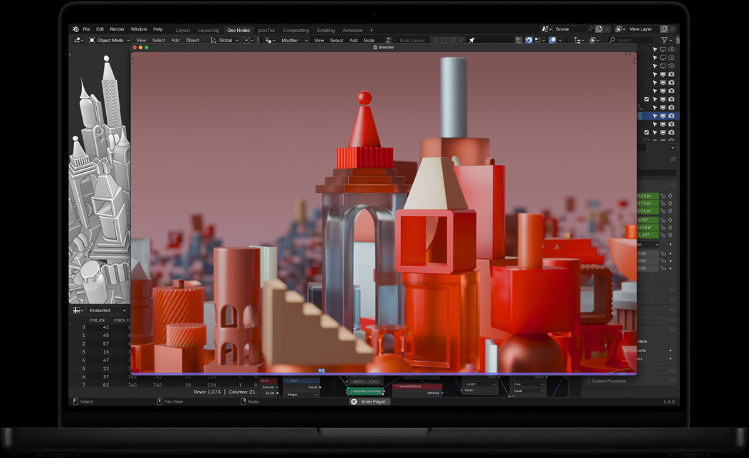 Bildschirm eines MacBook Pro mit Blender, in dem eine 3D Animation erstellt wird