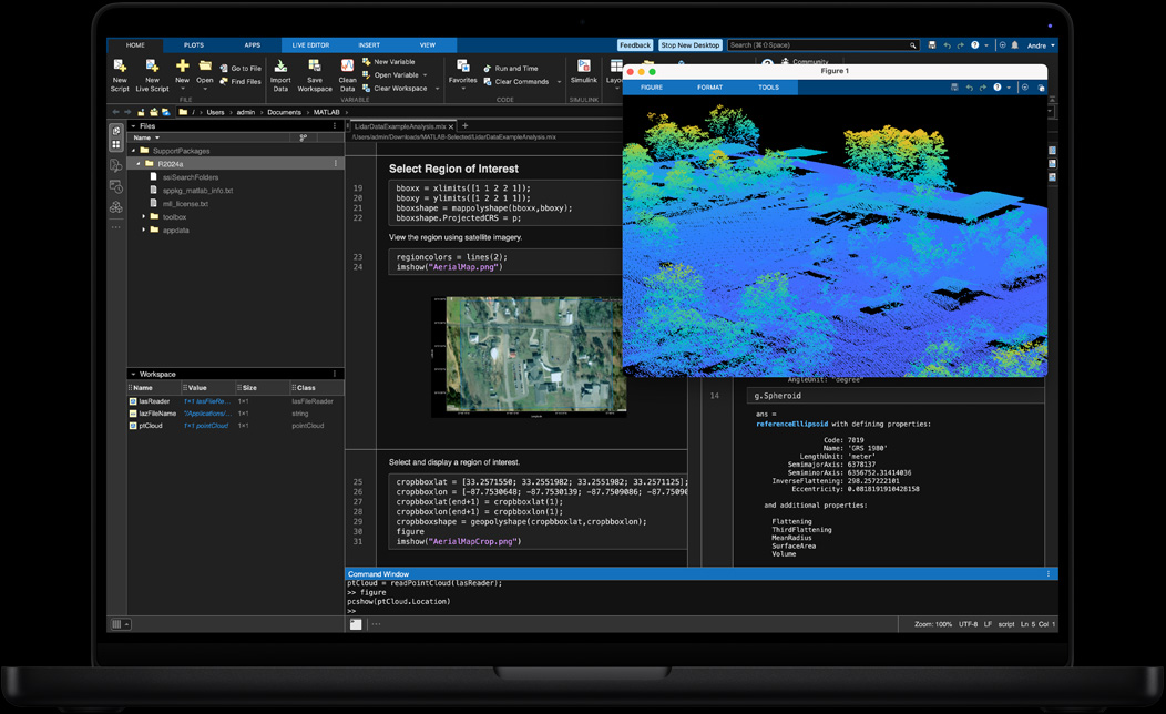 Bildschirm eines MacBook Pro mit MATLAB, das zur Verarbeitung und Visualisierung von Geodaten verwendet wird