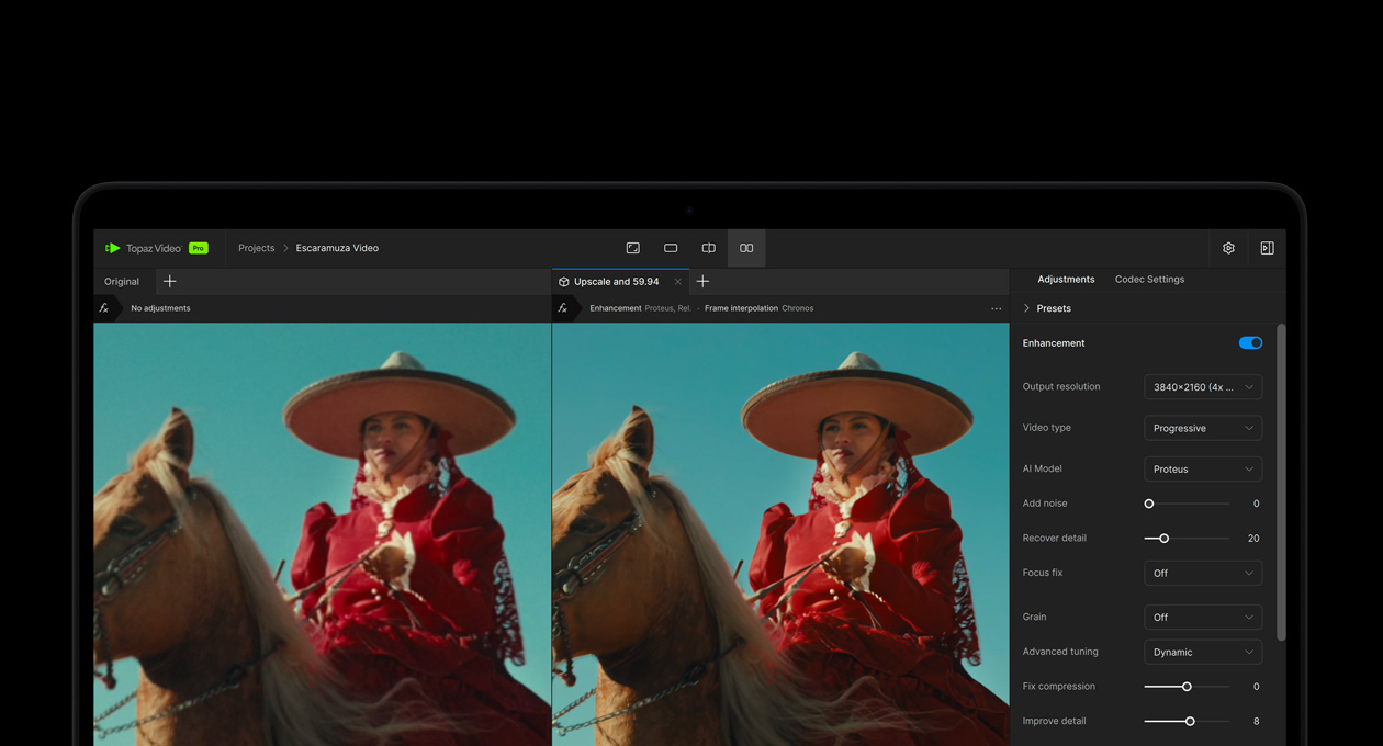 Ein MacBook Pro Display zeigt ein Video, das mit KI in Topaz Video verbessert wird