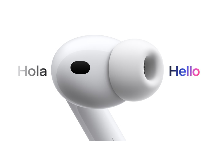 Audífono de los AirPods Pro 3 que muestra una traducción en vivo del español al inglés.